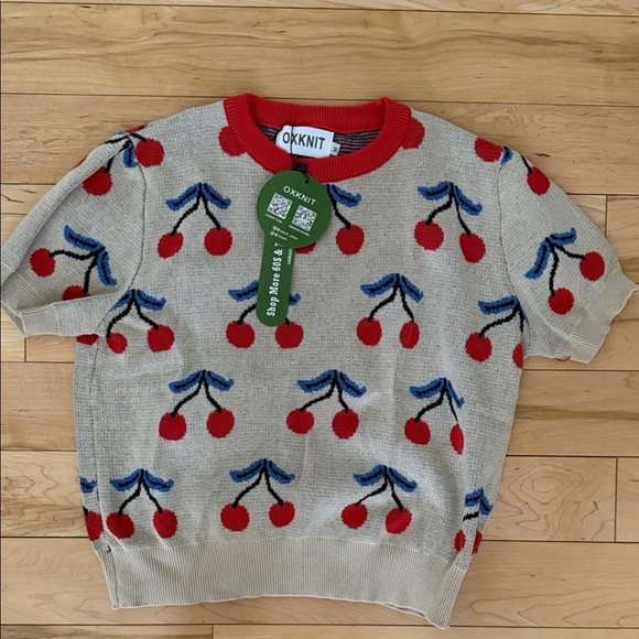 OXKnit Sweaters - Women’s Beige Knit Top with Red Cherry Pattern